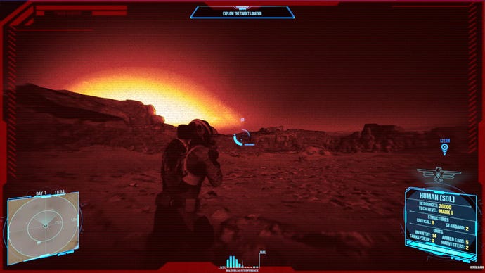 A soldier - having activated night vision - runs along a barren desert as the sun sets in Silica.