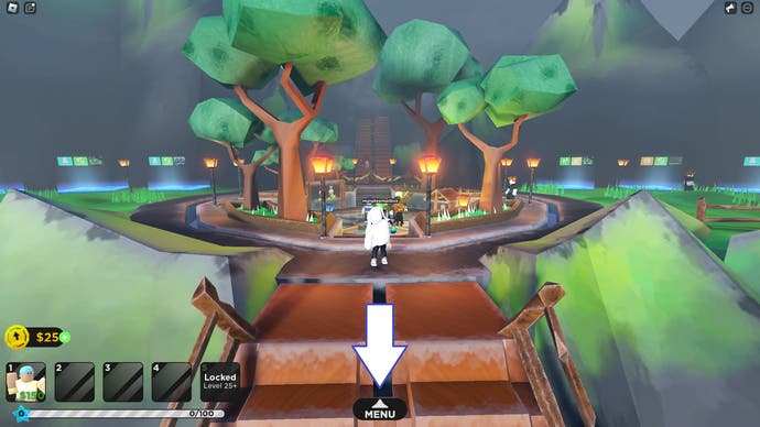 A screenshot of Silly Tower Defense in Roblox showing the location of the game's menu.