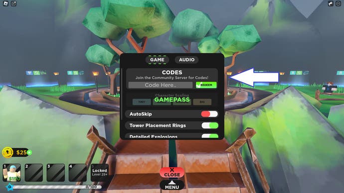 A screenshot of Silly Tower Defense in Roblox showing the game's settings menu.