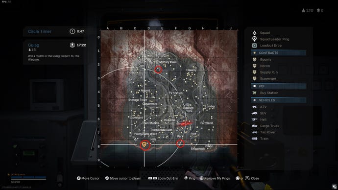 The area south of hills, south of park, and south-west of military base are circled on the Warzone map.