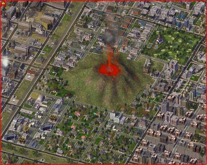 A volcano surrounded by houses in Sim City 4