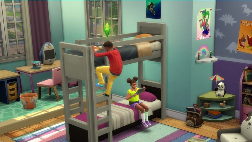 The Sims 4 - One Sim child is sitting on the lower half of a bunk bed playing on a tablet while another child climbs a ladder to the top part.