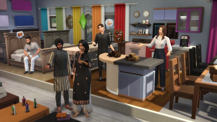 The Sims 4 - Several Sims stand in a furniture store like setup looking at new color swatches being added for drapes, counters, clutter objects, and more.