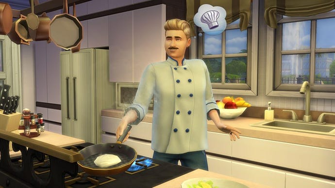 A male Sim in a chef's uniform cooking something in a frying pan.