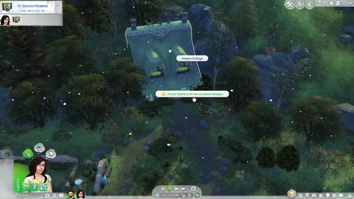 An interaction menu in The Sims 4 when clicking on the Creature Keeper's Cottage. Highlighted text reads "Focus Camera on the Creature Keeper".