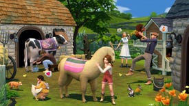 A young girl hugs a llama in a farmyard. In the background, other characters interact with chickens and cows.