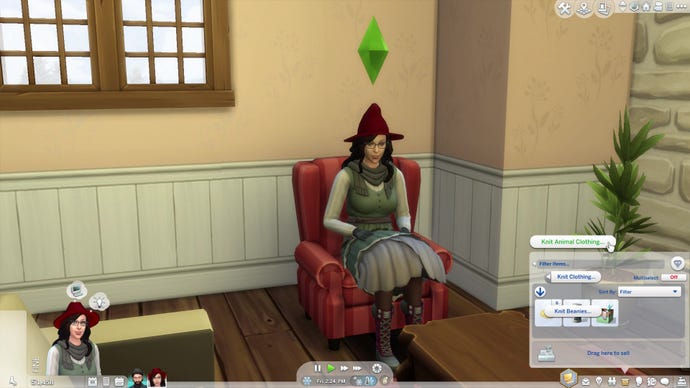 A Sim sitting in an armchair, contemplating a yarn basket in her inventory. The selected interaction reads "Knit Animal Clothing".