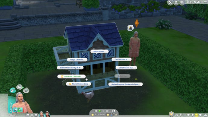 A chicken coop in The Sims 4 with a pop-up menu displaying several interaction options. "Purchase Chickens" is highlighted.