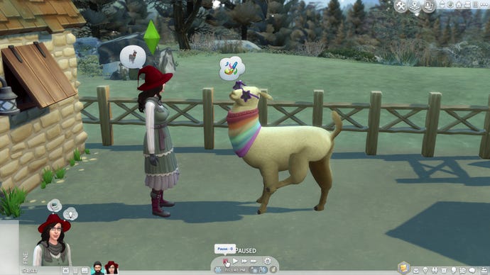 A Sim admiring a llama wearing a rainbow poncho and star glasses. The llama also seems happy with his outfit.