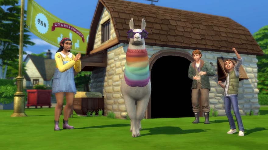 The Sims 4 cottage living expansion - A llama wears a rainbow sweater and star-shaped sunglasses while several sims stand nearby clapping