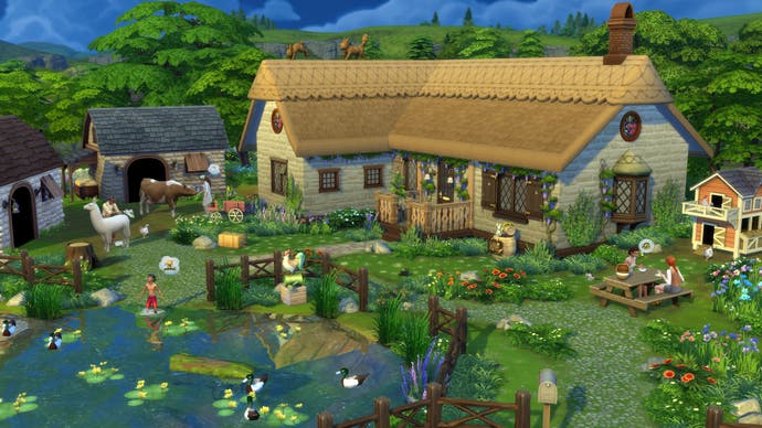 Die Sims 4 Cottage Living Artwork zeigen ein wunderschönes Cottage mit Tier und Sims, die sich in seinem Garten entspannen