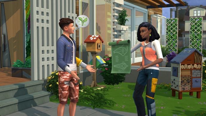 Die Sims 4 Eco Lifestyle -Kunstwerke zeigen zwei Sims, die Blaupausen betrachten