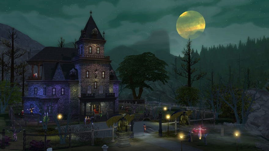 A full moon rising above an ominous gothic mansion. Levitating figures can be see on the front lawn.