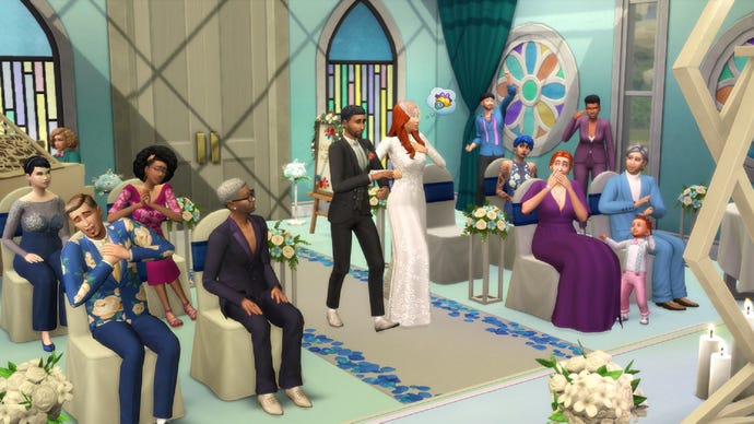 A wedding ceremony in The Sims 4: My Wedding Stories, with a bride being walked down the isle.