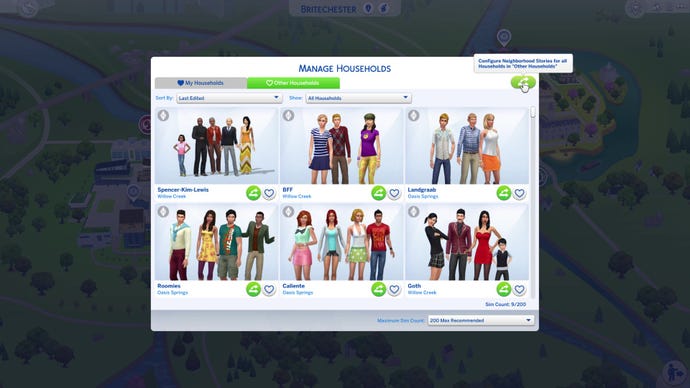 The Manage Households tab from The Sims 4, displaying Other Households and the new Neighborhood Stories configuration button.