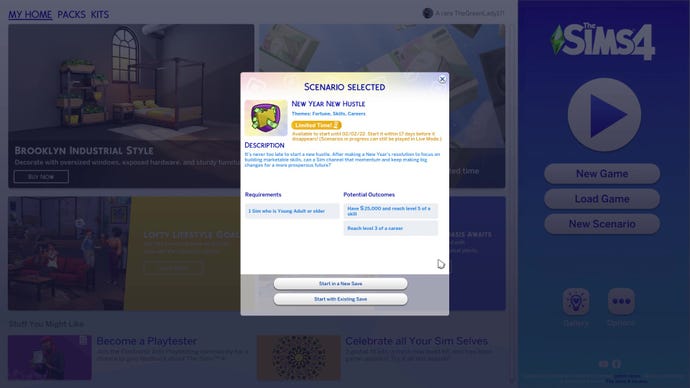 The Scenario selection screen in The Sims 4, showing the time-limited Scenario "New Year New Hustle".