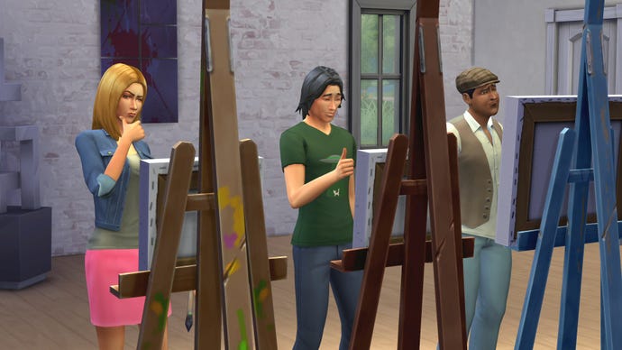 Three Sims painting at easels in The Sims 4.