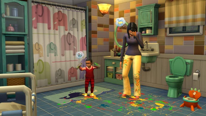 Die Sims 4 Parenthood -Kunstwerke, die eine Simin zeigen, die sich über ihr Kind befindet, hat Farbe herumgeworfen
