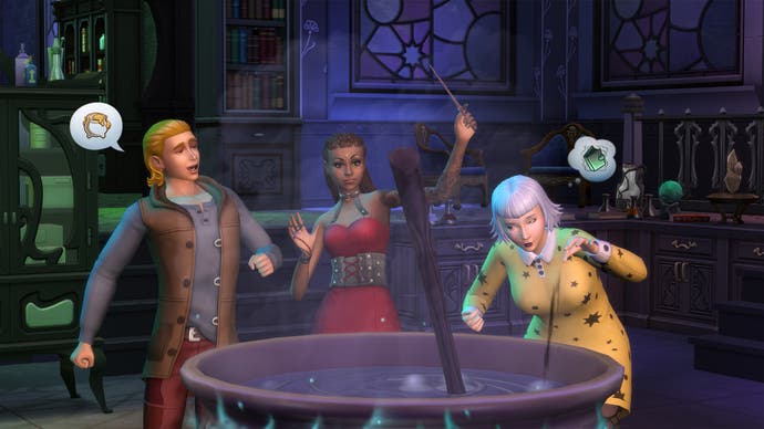 Die Sims 4 Real of Magic Artwork zeigen drei Sims, die Zauber wirken