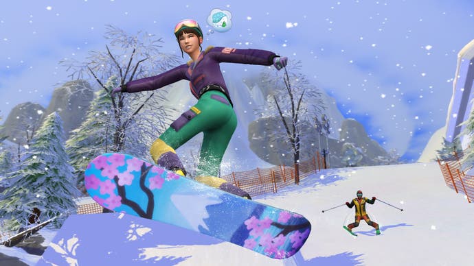 Die Sims 4 Snowy Escape Artwork zeigen ein Simboarden