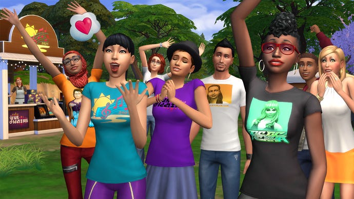 Un gruppo di Sims in the Sims 4 gode di un festival musicale all'aperto, con l'attenzione sulla folla entusiasta e sui venditori in sottofondo