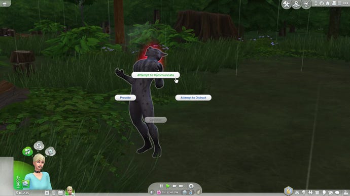 A menu of social options in The Sims 4 Werewolves gives you the choice to try to approach Greg peacefully.