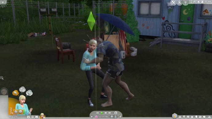A human Sim receives a solicited (yet still evidently painful) cursed bite from a werewolf friend in The Sims 4 Werewolves.