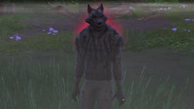 The Sims 4 Werewolves' new NPC Greg, in his werewolf form, with a red aura of anger around him.