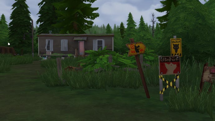 Greg's isolated shack in The Sims 4 Werewolves, with warning signs posted out front.