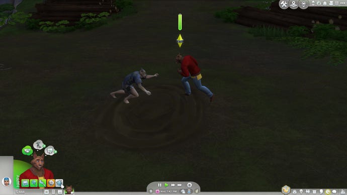 Two werewolves engage in a friendly spar in wolf form in The Sims 4 Werewolves.