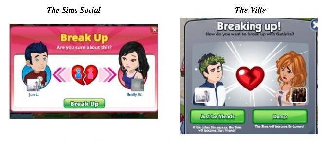 Comparison of The Sims Social and The Ville from a lawsuit, but the screenshots have been labelled with the wrong games