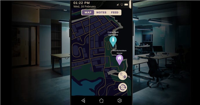 A phone map screen in front of an office scene in Simulacra 3