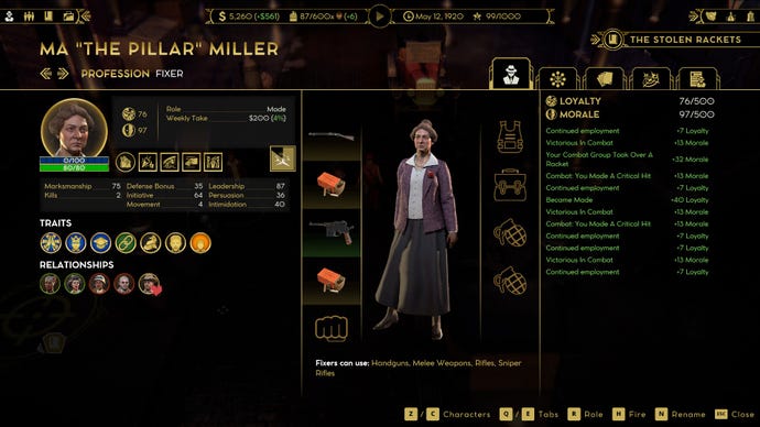 A character stats screen for Ma "The Pillar" Miller in Empire Of Sin