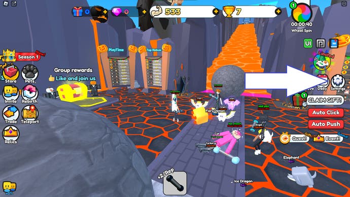 A screenshot of Sisyphus Simulator in the Roblox lobby with an arrow pointing to the settings button.