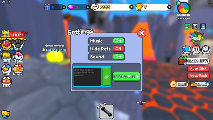 The settings menu in Sisyphus Simulator in Roblox.