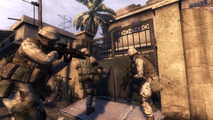 Soldiers kicking a door in a screenshot of the original Six Days In Fallujah.