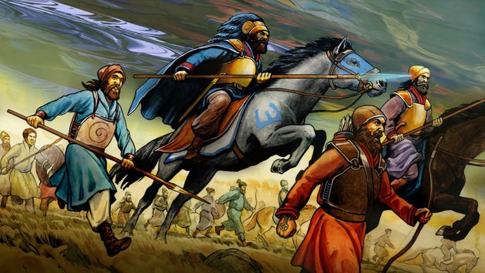 Na zrzucie ekranu z Six Ages 2 wojownicy skaczą do przodu na koniach w towarzystwie włóczników i łucznika