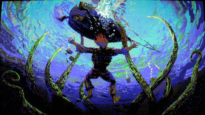 A retro-styled screenshot showing - in a lot of detail - a person sinking under a large boat, with tentacle like reeds around them. We look up as if from the bottom of the sea.