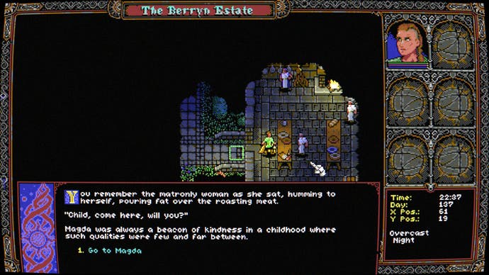 Una captura de pantalla del juego de rol Skald inspirado en C64 que muestra el modo de exploración de arriba hacia abajo, pero ligeramente de lado.  Aquí, nuestro héroe pixelado se aventura en la zona de la cocina de un antiguo castillo que conocía bien.