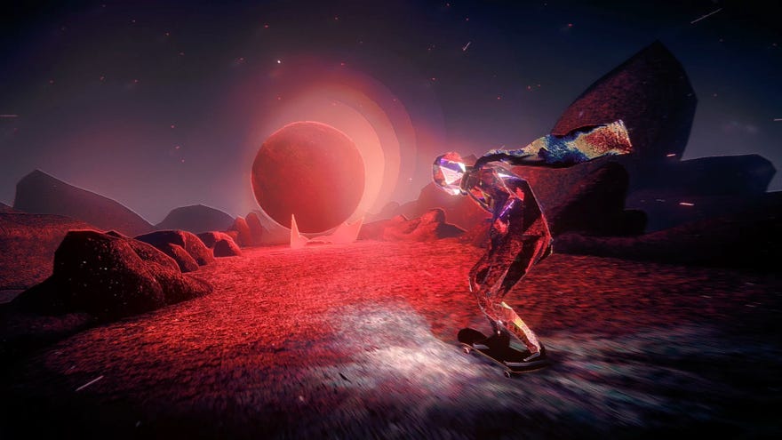 A shimmering glass skateboarder in a scarf rides towards a glowing, red moon, hung low above the ground in Skate Story.
