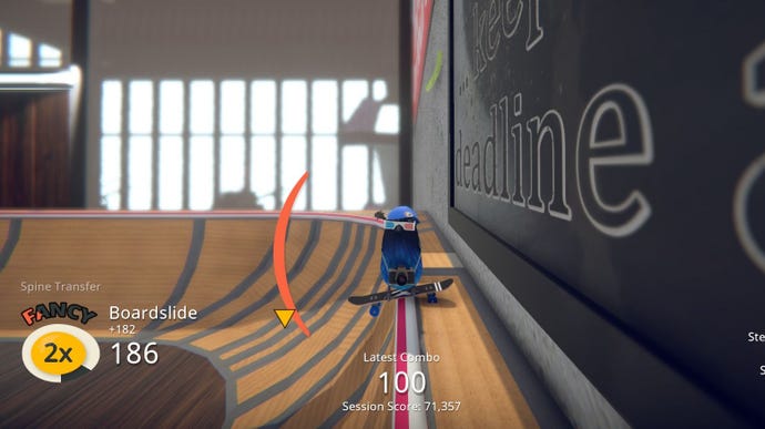 A bird does a boardslide in Skatebird
