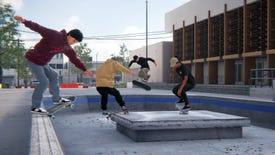Four people skating together outside a building in a Skater XL multiplayer beta screenshot.