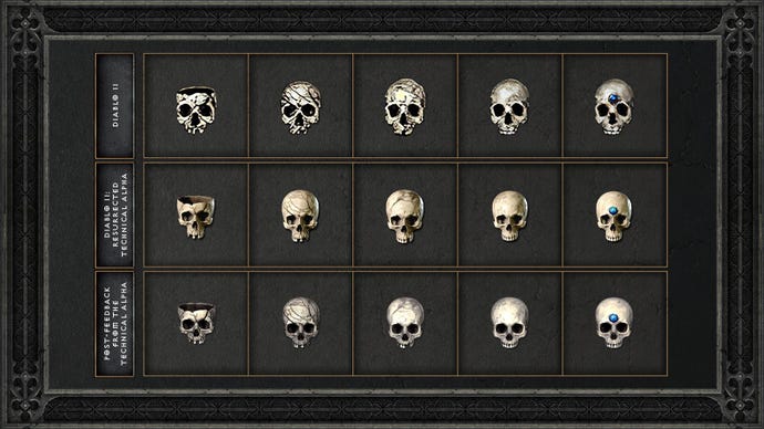 A table of various different skulls from Diablo II's Resurrected technical alpha