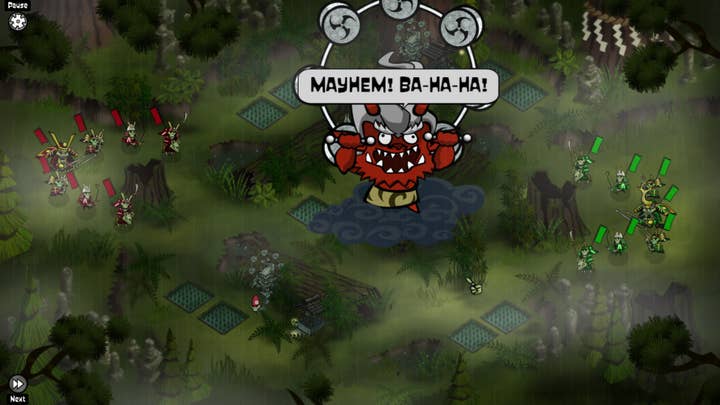 Skulls of the Shogun screenshot showing a demon character appearing on the battlefield and saying "Mayhem! Ba-ha-ha!"