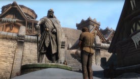 A screenshot of Skyblivion, a mod project bringing Oblivion to Skyrim, showing an NPC bowing their head at a statue in a snowy northern town.
