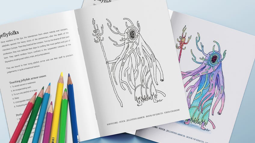 An image of colouring-in examples from the Skyrealms RPG