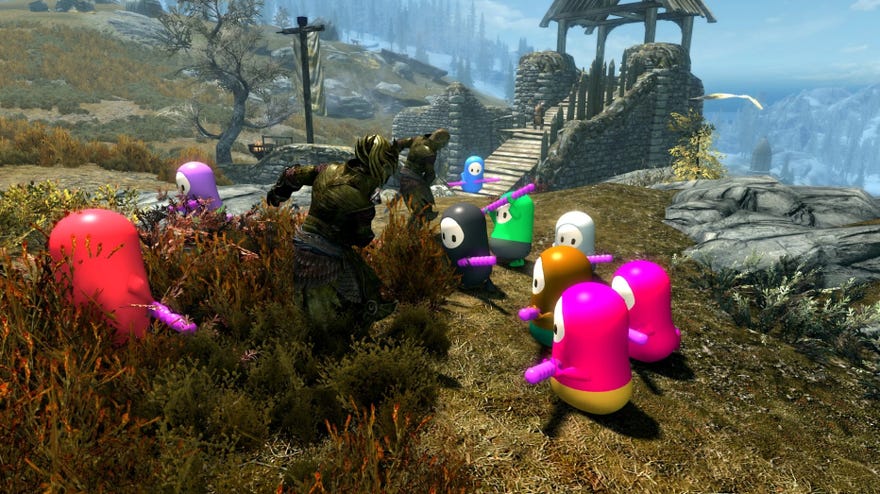 Some Skyrim soldiers fight an unwinnable battle against Fall Guys' beans.