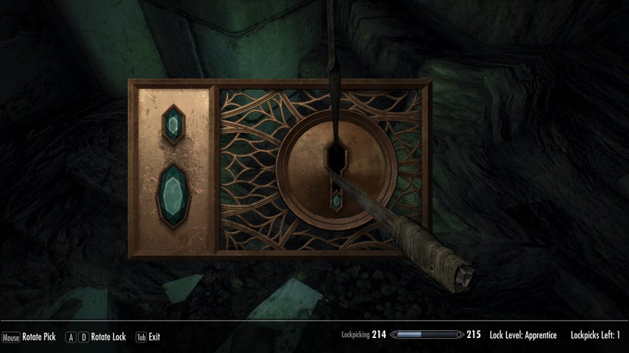 Picking an ornate lock in a screenshot of Skyrim's Security Overhaul Add-ons mod.