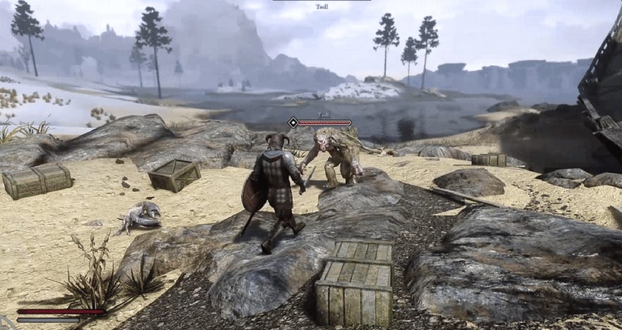 A screengrab of Skyrim showing a third-person camera following the player and target locked on an enemy during combat.