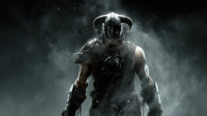Skyrim's Dragonborn with horned helmet on dark background